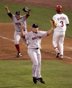 Keith Foulke jumping with arms extended at the final out of the 2004 World Series