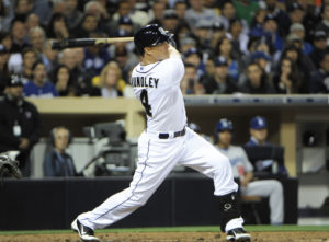 Nick Hundley finishing his swing. (Photo Credit: Denis Poroy/Getty Images North America)