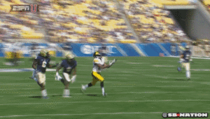 Damond Powell Dropping a pass into the hands of a Pitt defender