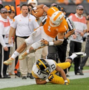 Jalen Hurd rushed for 122 yard and 2 touchdowns in the Tennessee victory over Iowa. (AP Photo/The Florida Times-Union, Bob Self)