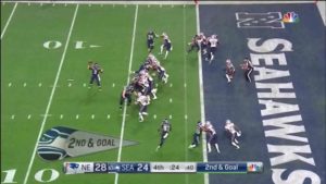 Broadcast angle of Malcolm Butler about to jump the route and intercept the ball