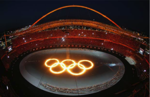 Olympic rings at opening ceremony in Athens