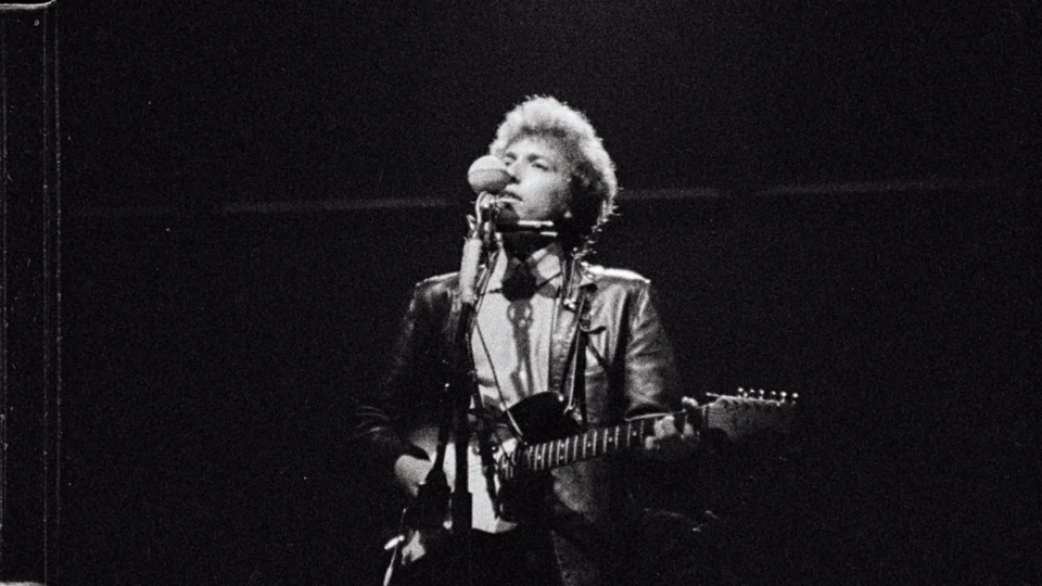 Film still from the 1965 Newport Folk Festival footage, filmed by Murray Lerner